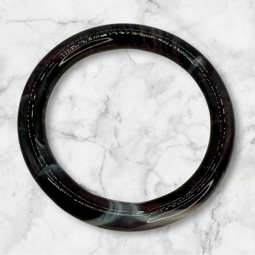 Vintage Chinese Glass Bangle – Black, Purple & White Swirl – Size 7.5